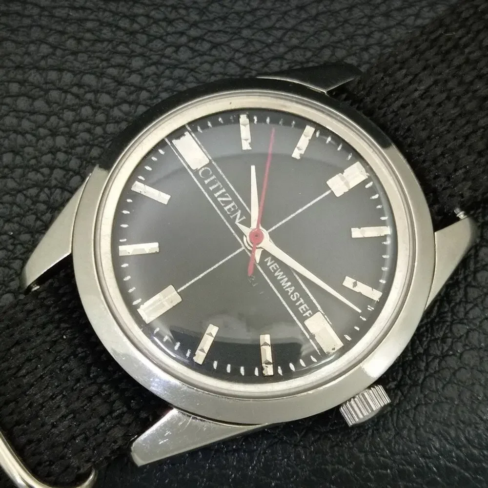 Vintage 1974 Citizen Manual Wound Mens Silver Watch & Red accents